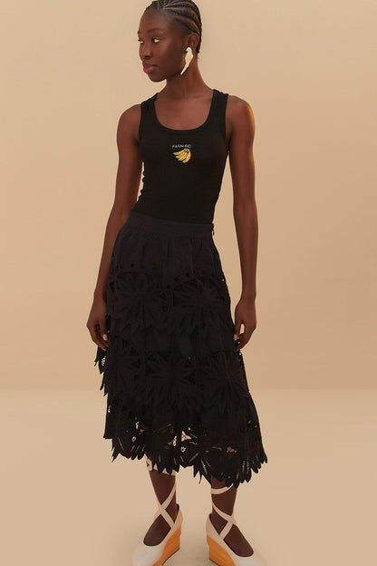 FARM Rio Black Daisy Embroidered Midi Skirt