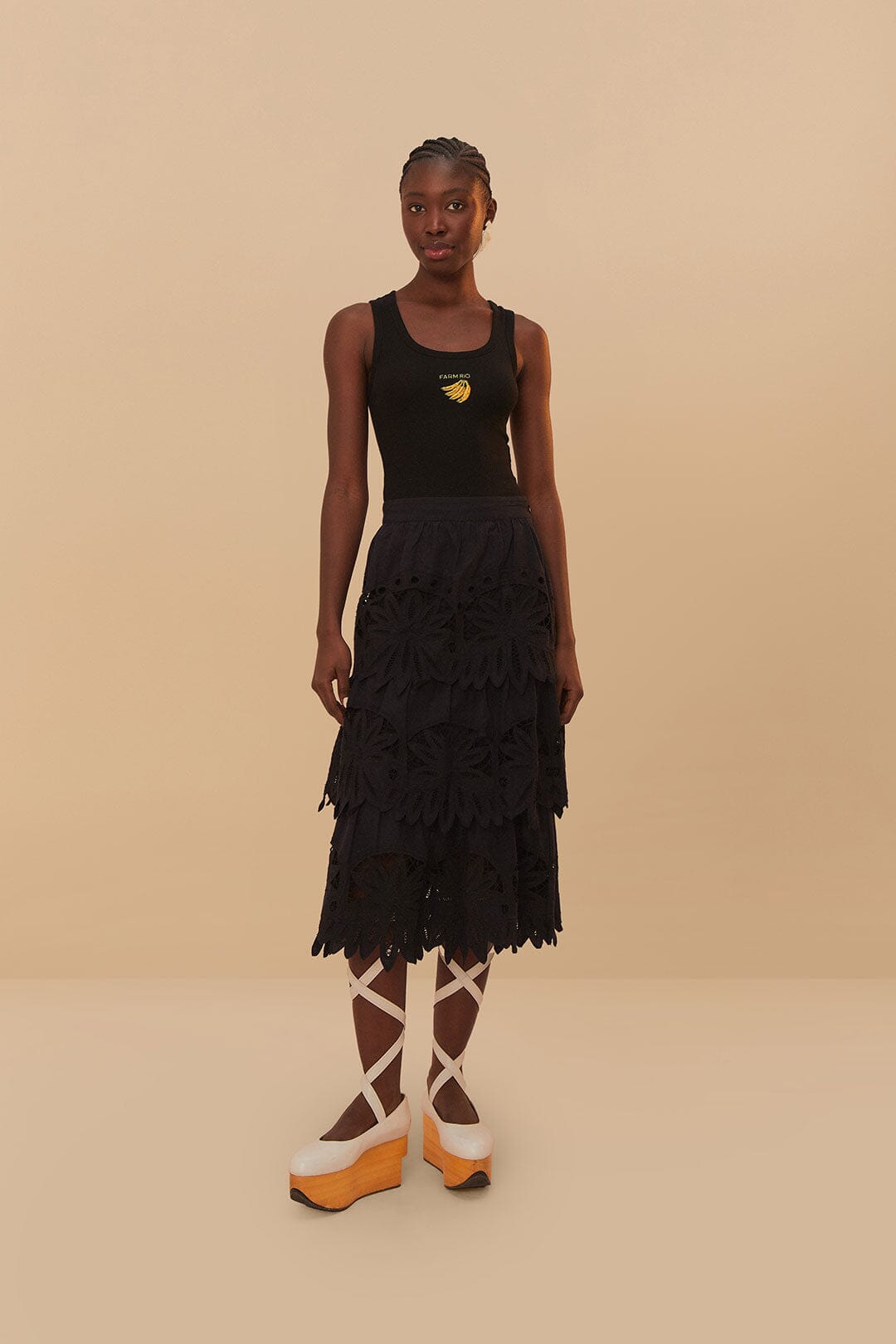 FARM Rio Black Daisy Embroidered Midi Skirt