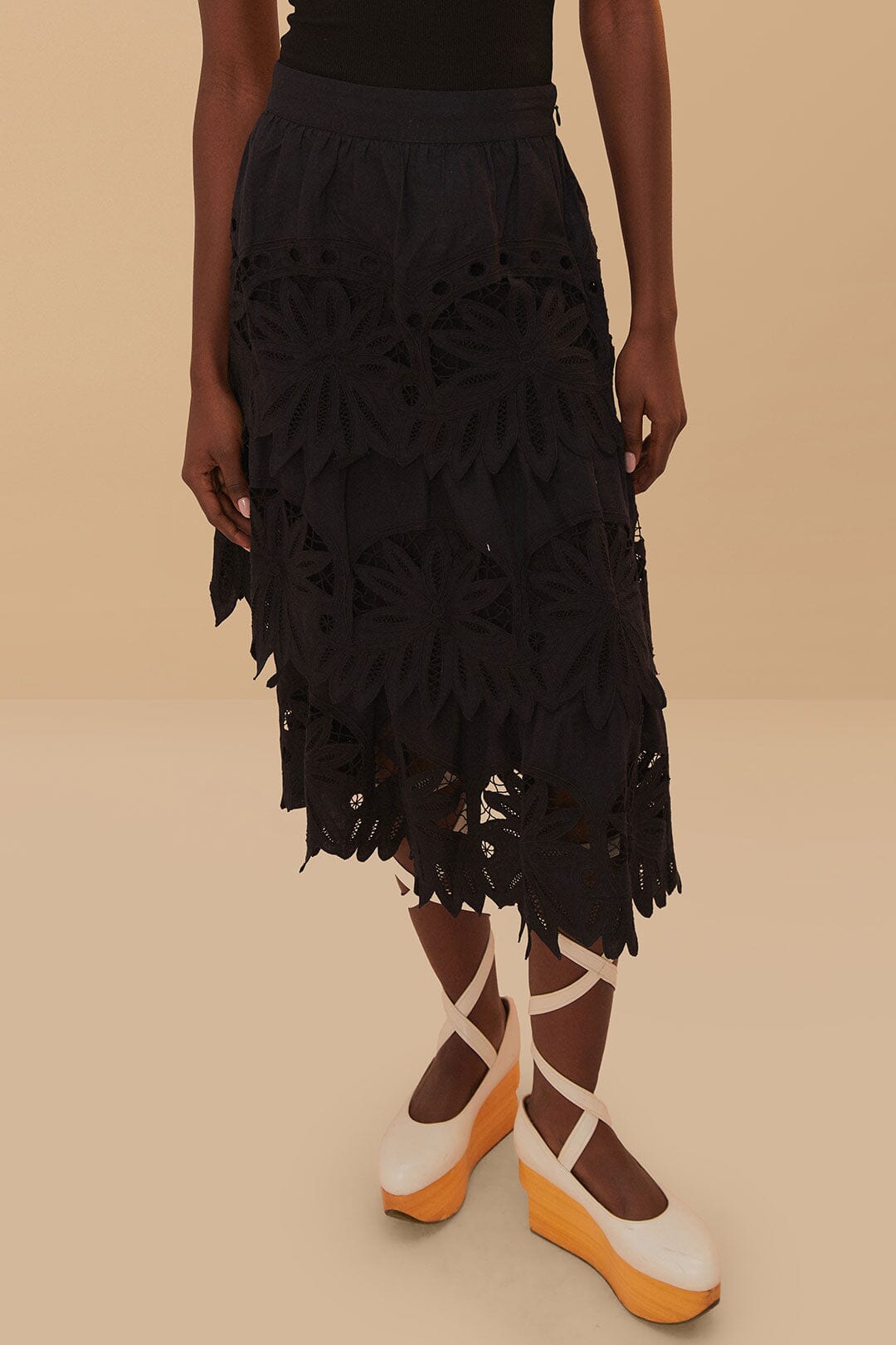 FARM Rio Black Daisy Embroidered Midi Skirt