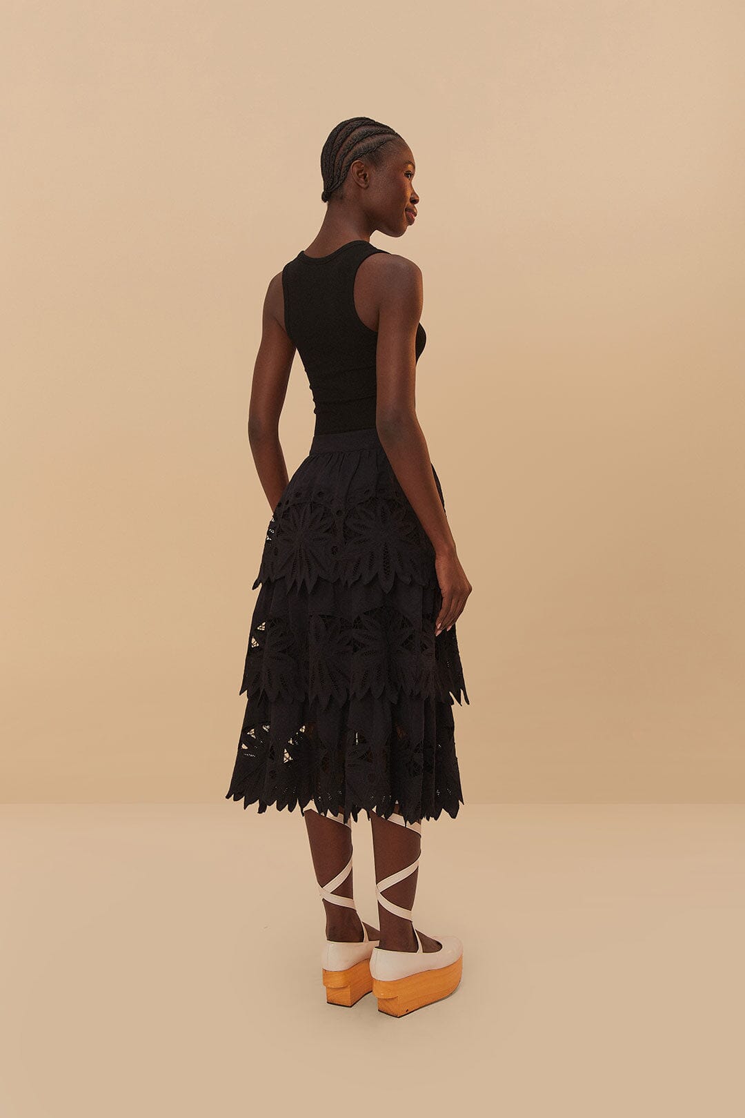 FARM Rio Black Daisy Embroidered Midi Skirt