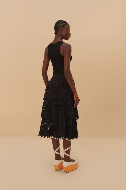 FARM Rio Black Daisy Embroidered Midi Skirt