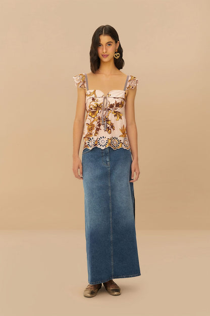 FARM Rio Denim Side Slit Maxi Skirt
