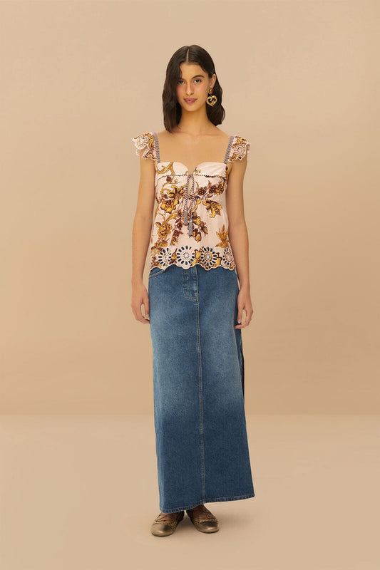 FARM Rio Denim Side Slit Maxi Skirt