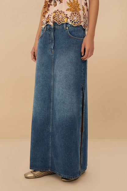 FARM Rio Denim Side Slit Maxi Skirt