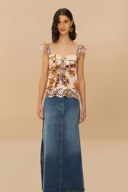 FARM Rio Denim Side Slit Maxi Skirt