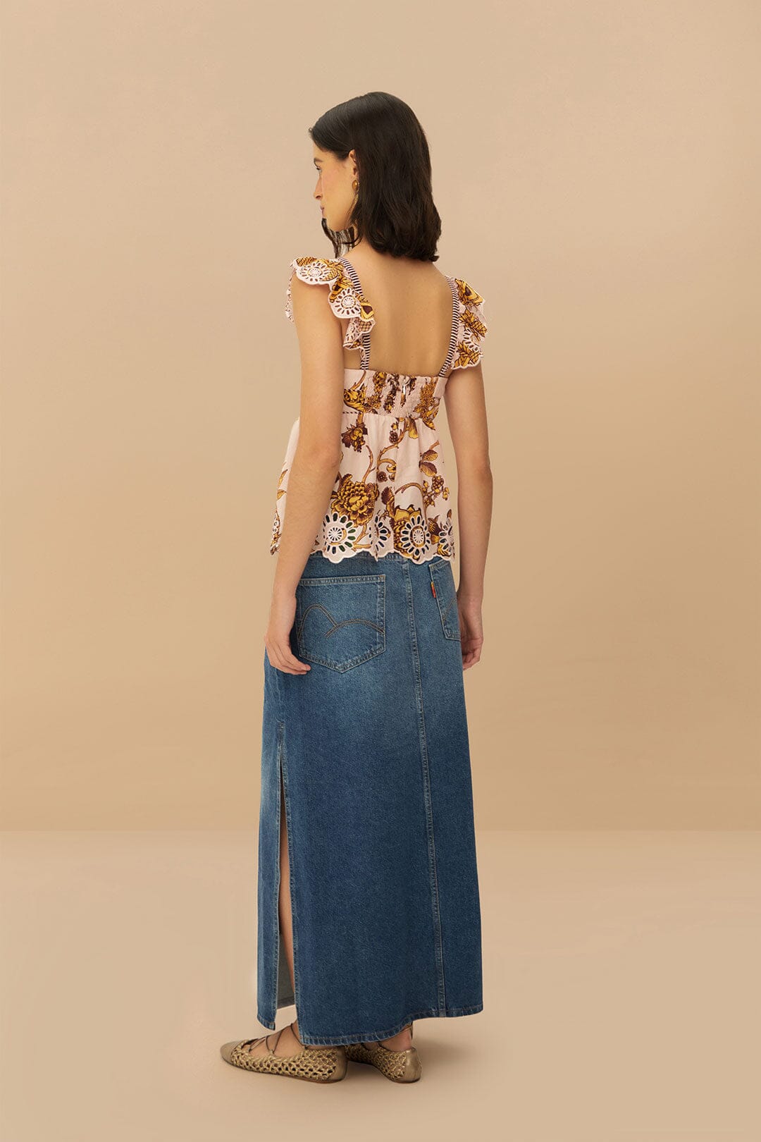 FARM Rio Denim Side Slit Maxi Skirt