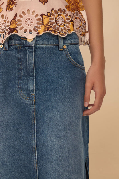 FARM Rio Denim Side Slit Maxi Skirt