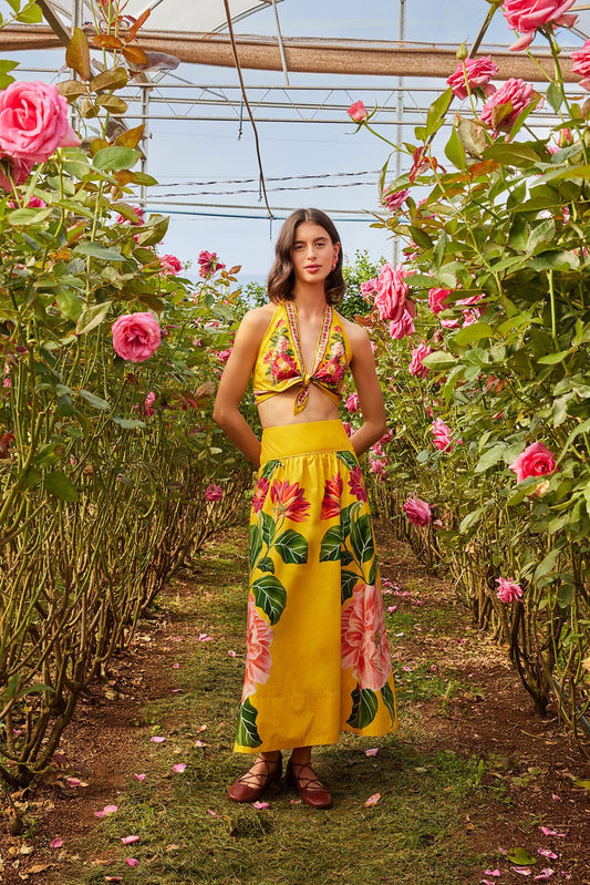 FARM Rio Yellow Spring Awakening Organic Cotton Midi Skirt