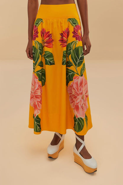 FARM Rio Yellow Spring Awakening Organic Cotton Midi Skirt