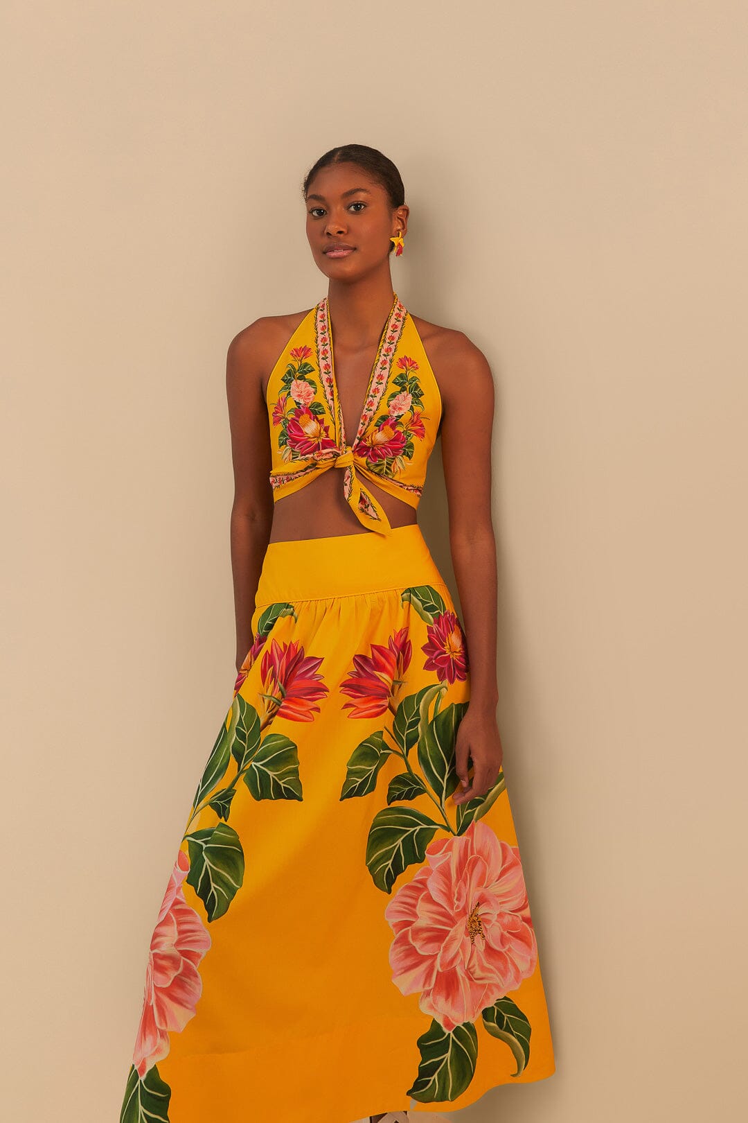 FARM Rio Yellow Spring Awakening Organic Cotton Midi Skirt