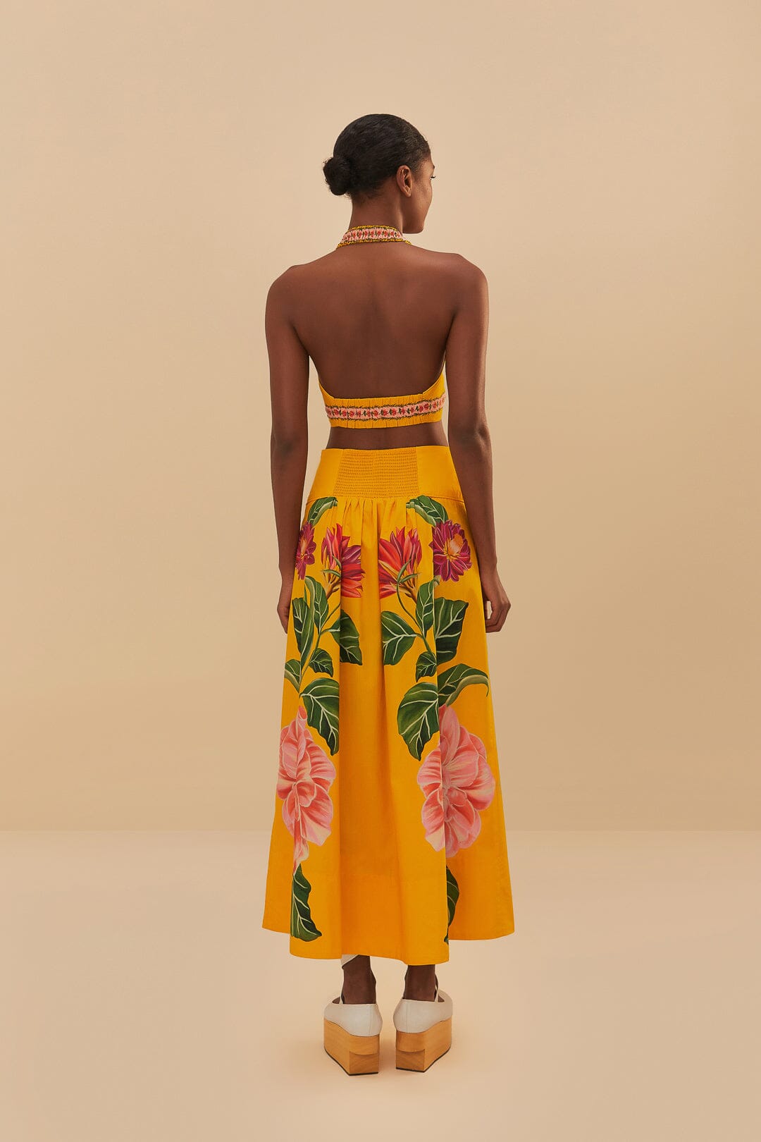 FARM Rio Yellow Spring Awakening Organic Cotton Midi Skirt