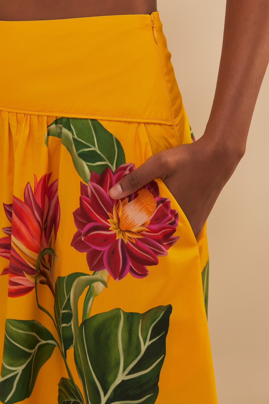 FARM Rio Yellow Spring Awakening Organic Cotton Midi Skirt