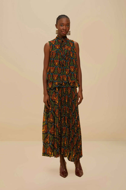 FARM Rio Black Boho Panther Pleated Maxi Skirt