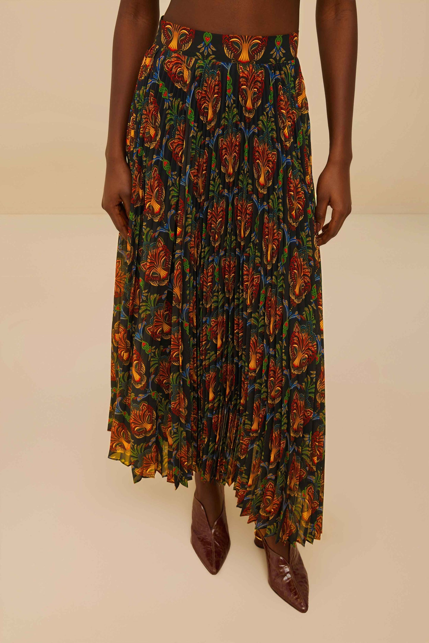 FARM Rio Black Boho Panther Pleated Maxi Skirt