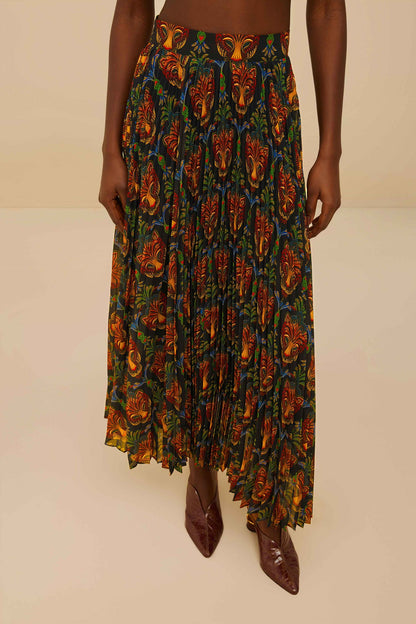 FARM Rio Black Boho Panther Pleated Maxi Skirt
