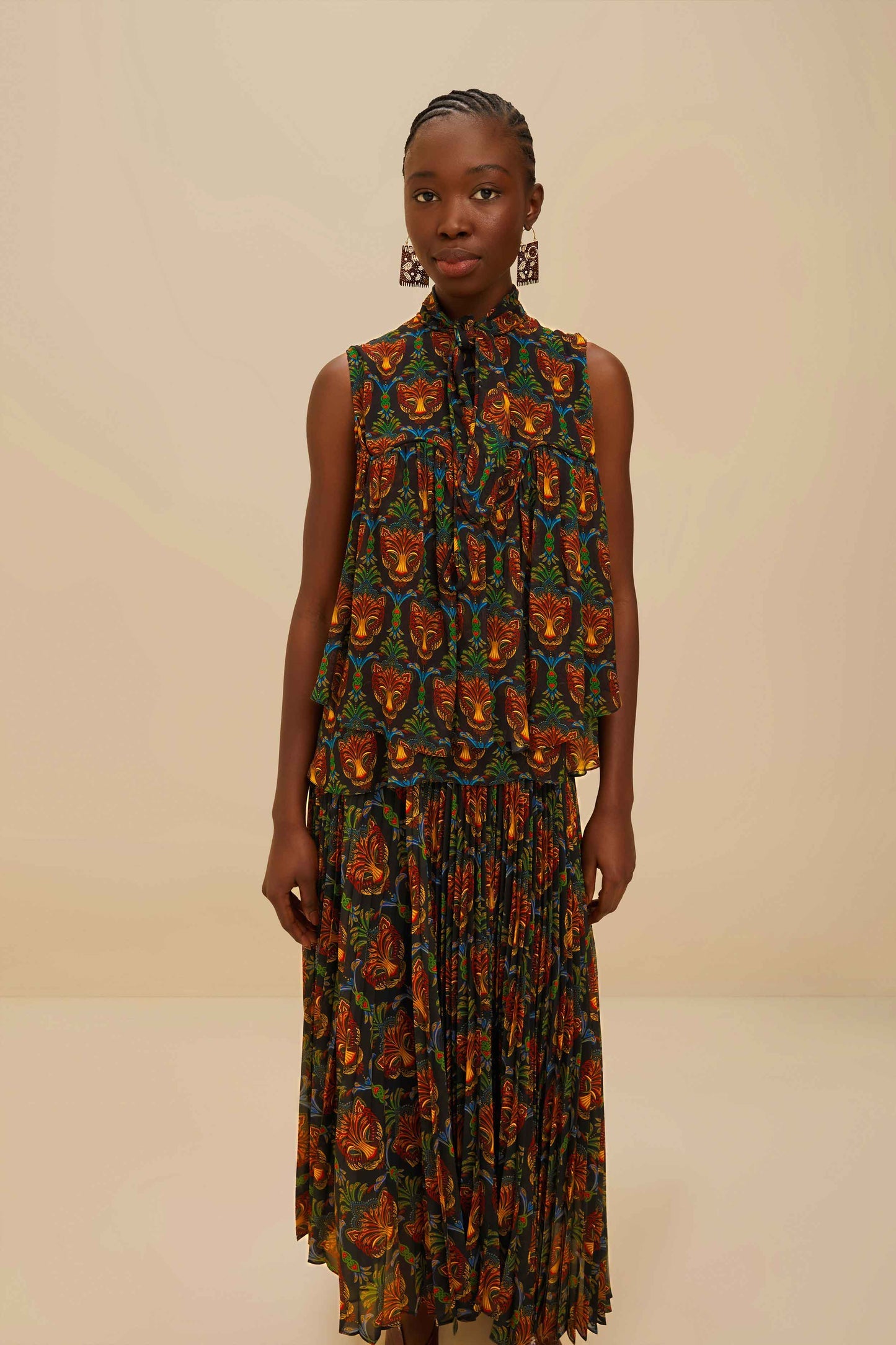 FARM Rio Black Boho Panther Pleated Maxi Skirt