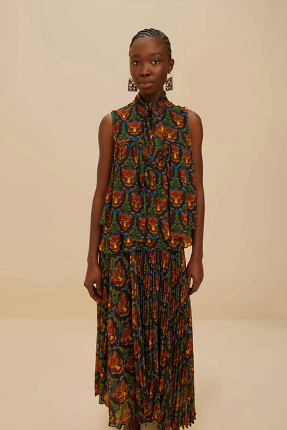 FARM Rio Black Boho Panther Pleated Maxi Skirt