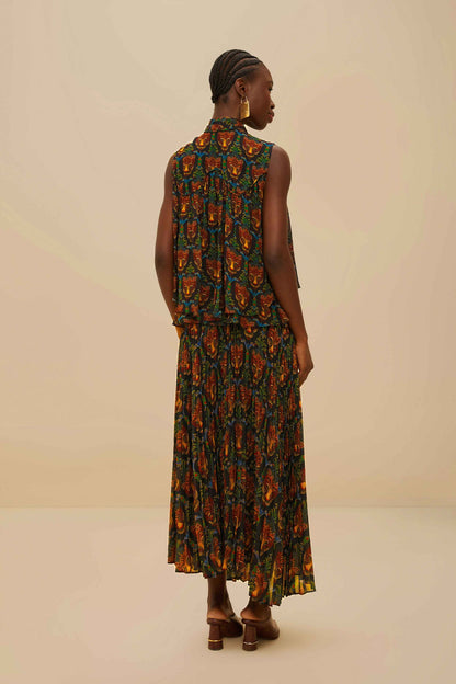 FARM Rio Black Boho Panther Pleated Maxi Skirt