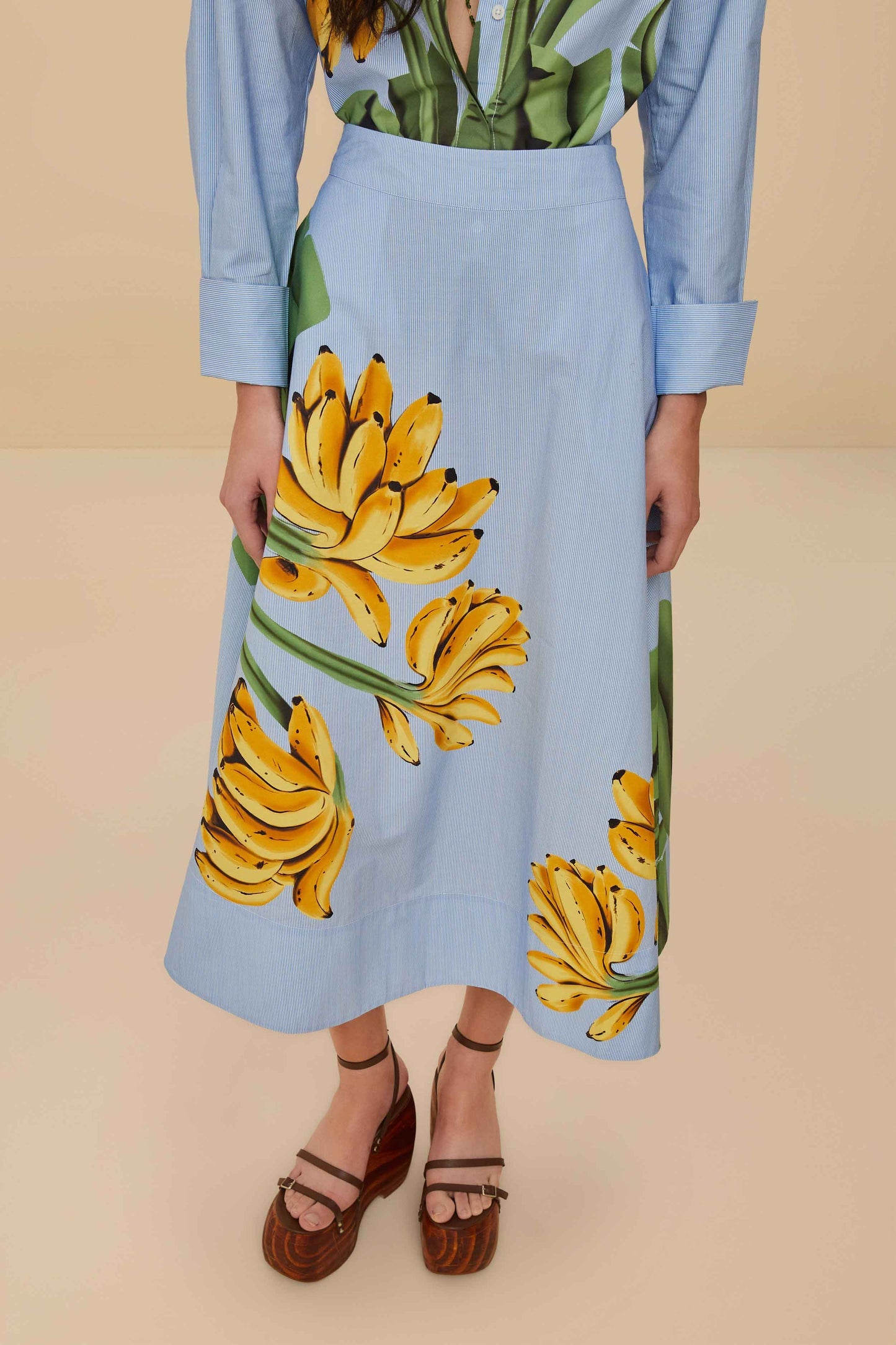 FARM Rio Blue Banana Cocina Striped Midi Skirt