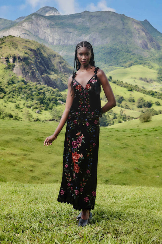 FARM Rio Black Belle Garden Scallop Hem Midi Skirt | FARM Rio