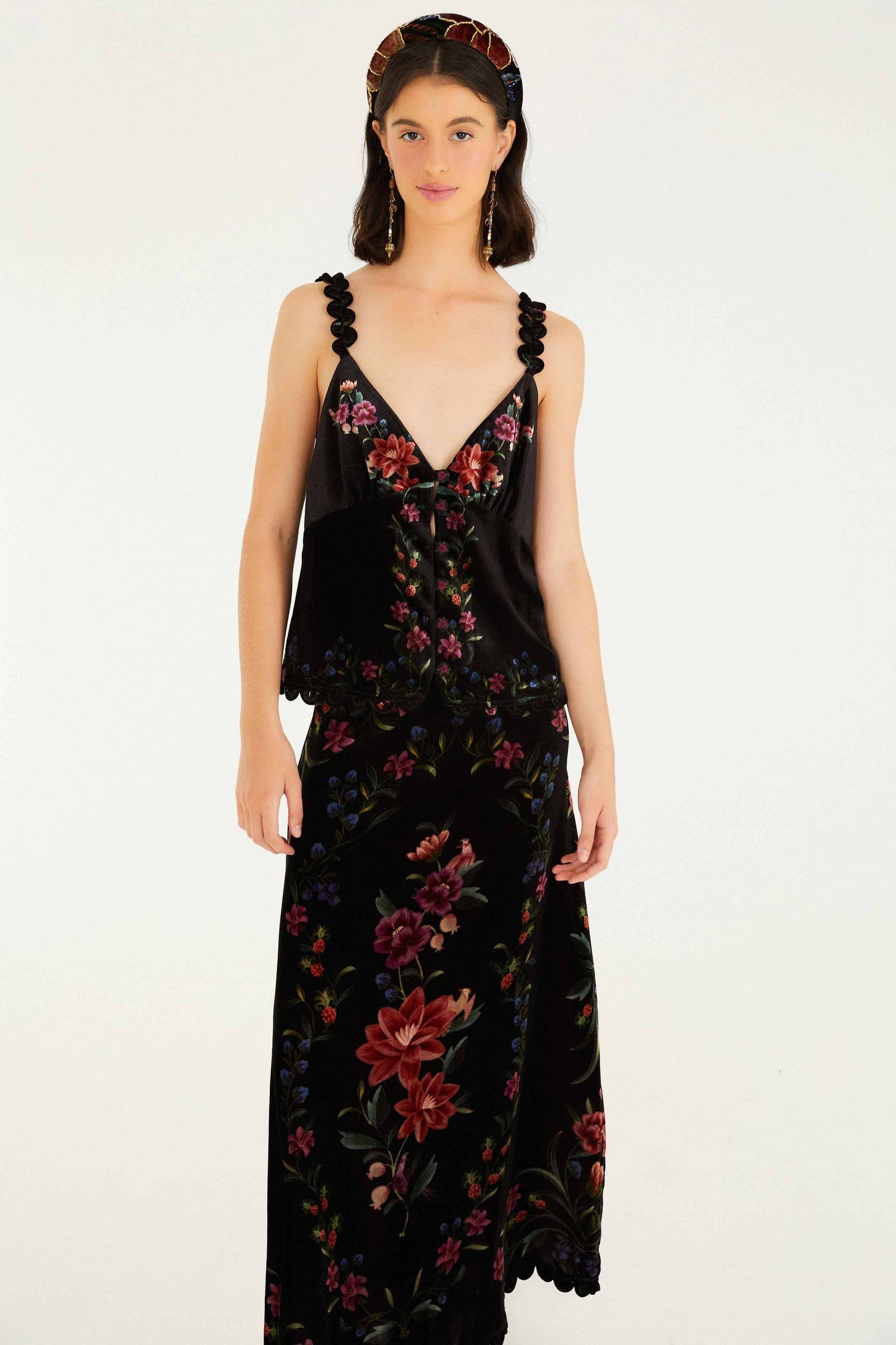 FARM Rio Black Belle Garden Scallop Hem Midi Skirt | FARM Rio