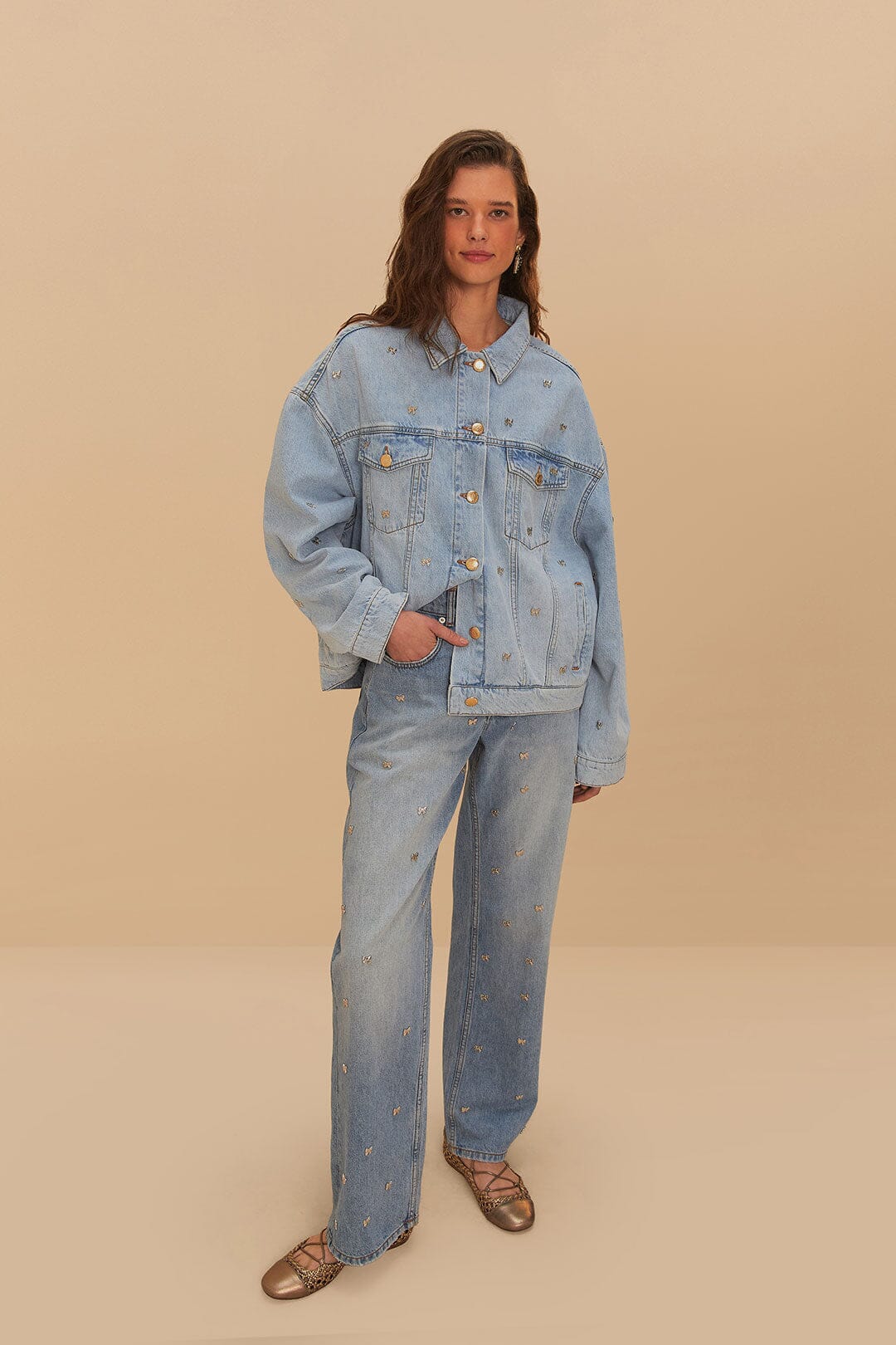FARM Rio Denim Embroidered Bows Pants