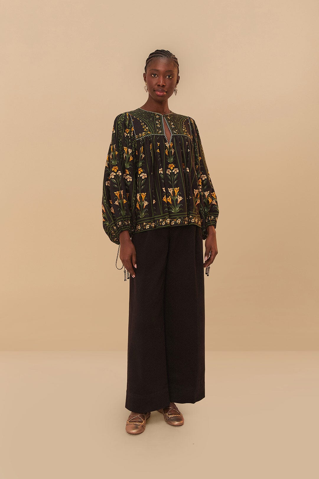 FARM Rio Black Twill Belted Wide Pants