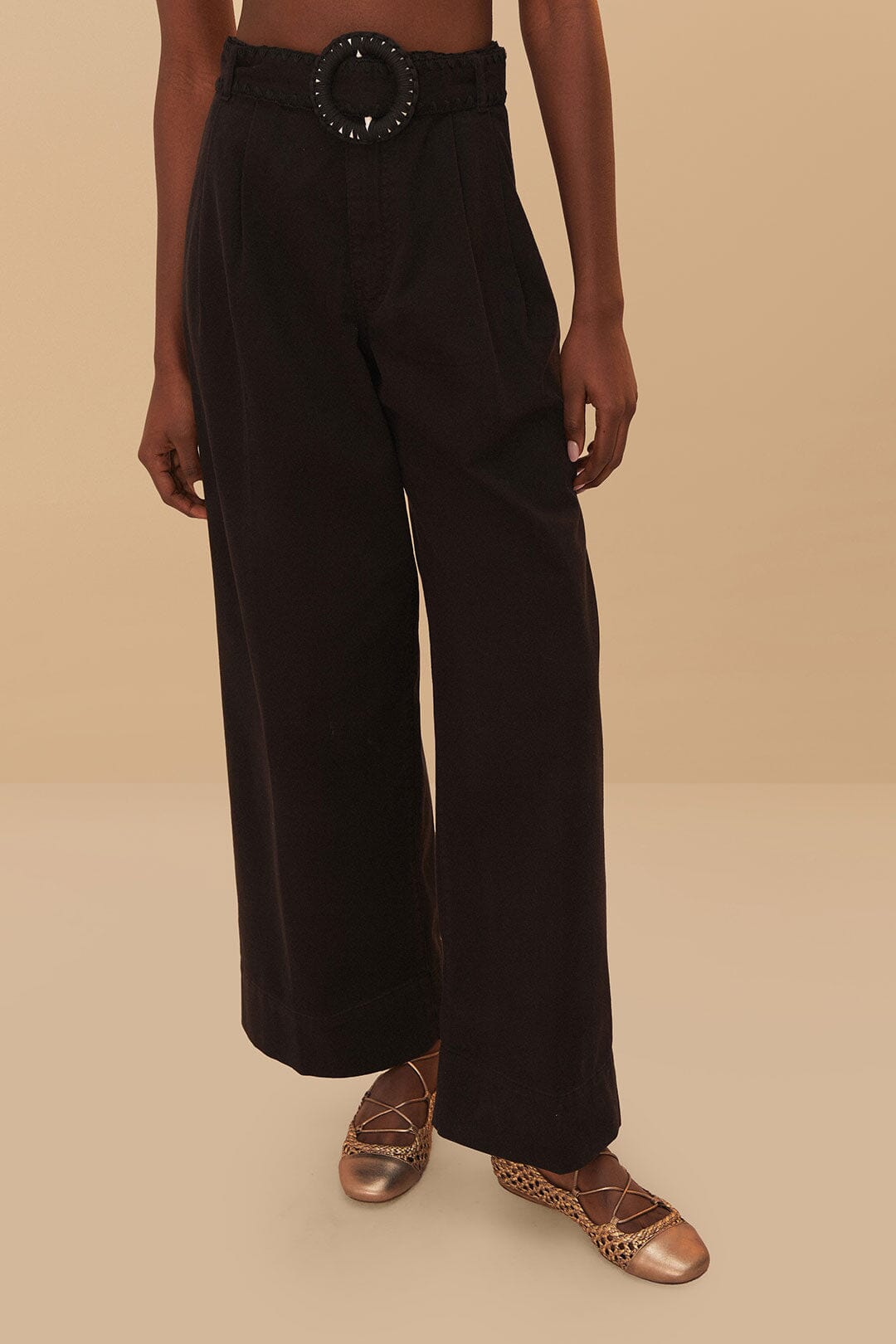 FARM Rio Black Twill Belted Wide Pants