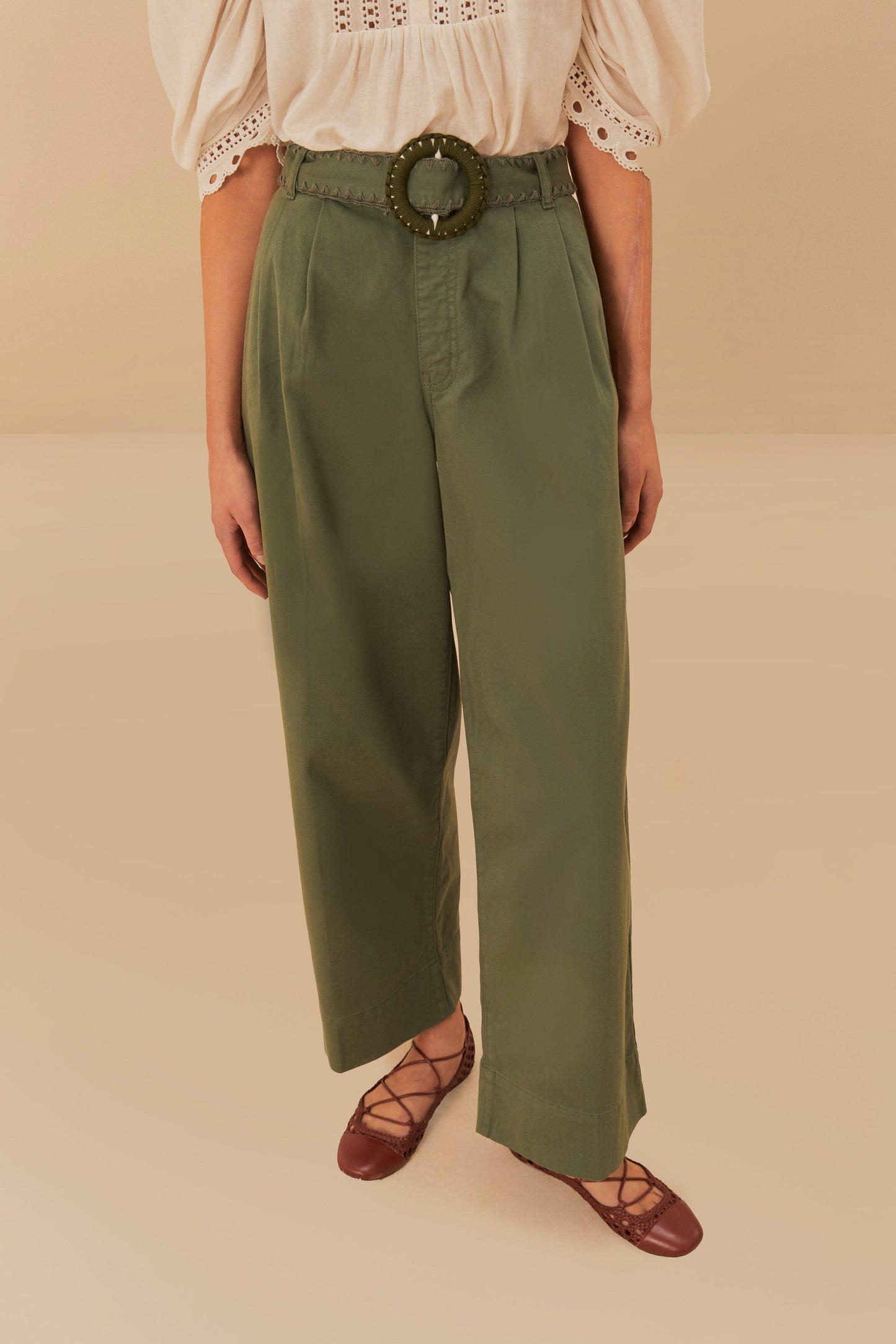 FARM Rio Green Twill Pleated Wide Pants
