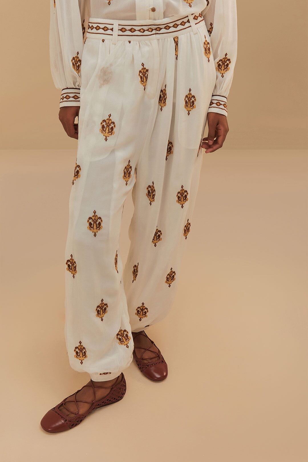 FARM Rio Off-White Anchor Tapestry Embroidered Pants