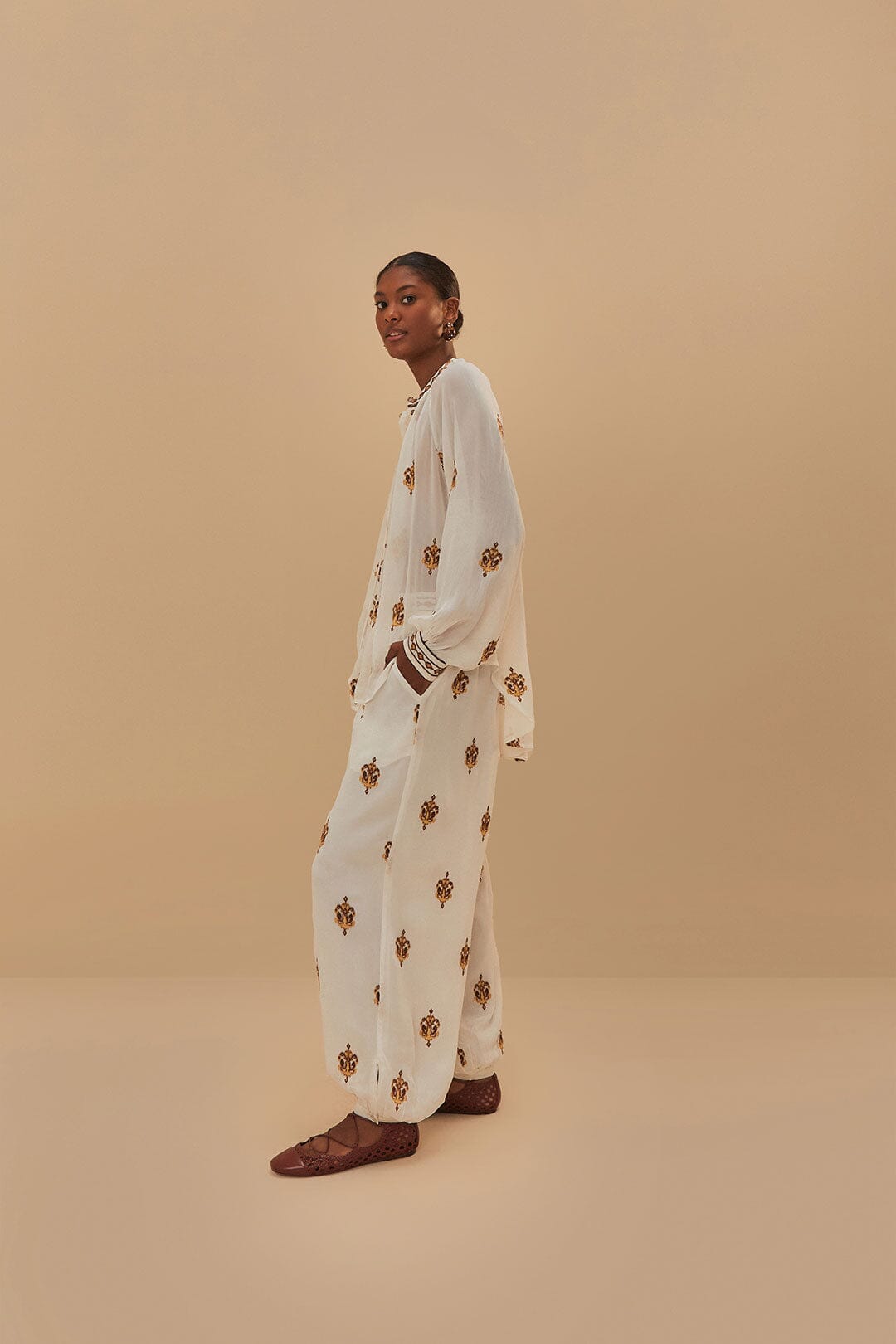 FARM Rio Off-White Anchor Tapestry Embroidered Pants