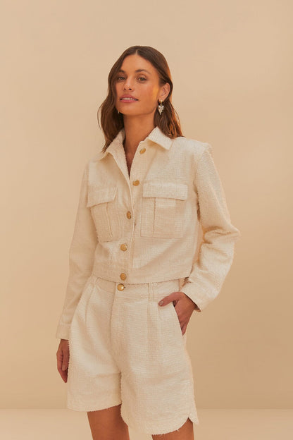 FARM Rio Off-White Twill Laser Pleated Shorts