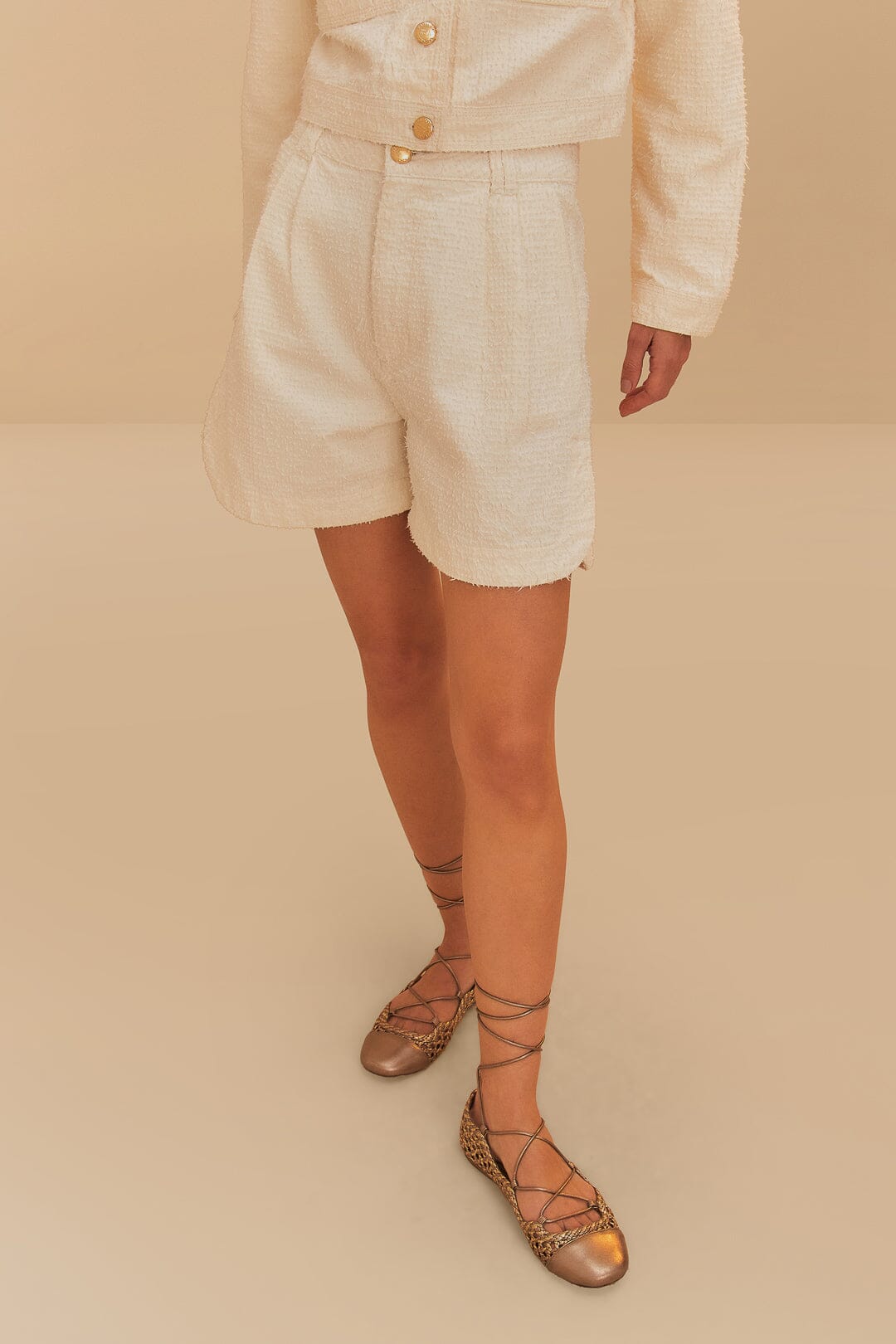 FARM Rio Off-White Twill Laser Pleated Shorts