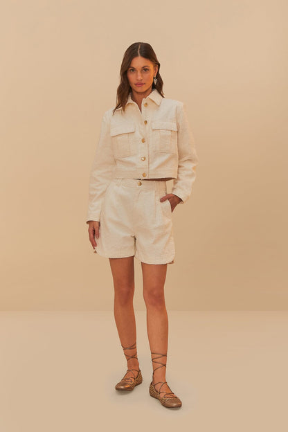 FARM Rio Off-White Twill Laser Pleated Shorts