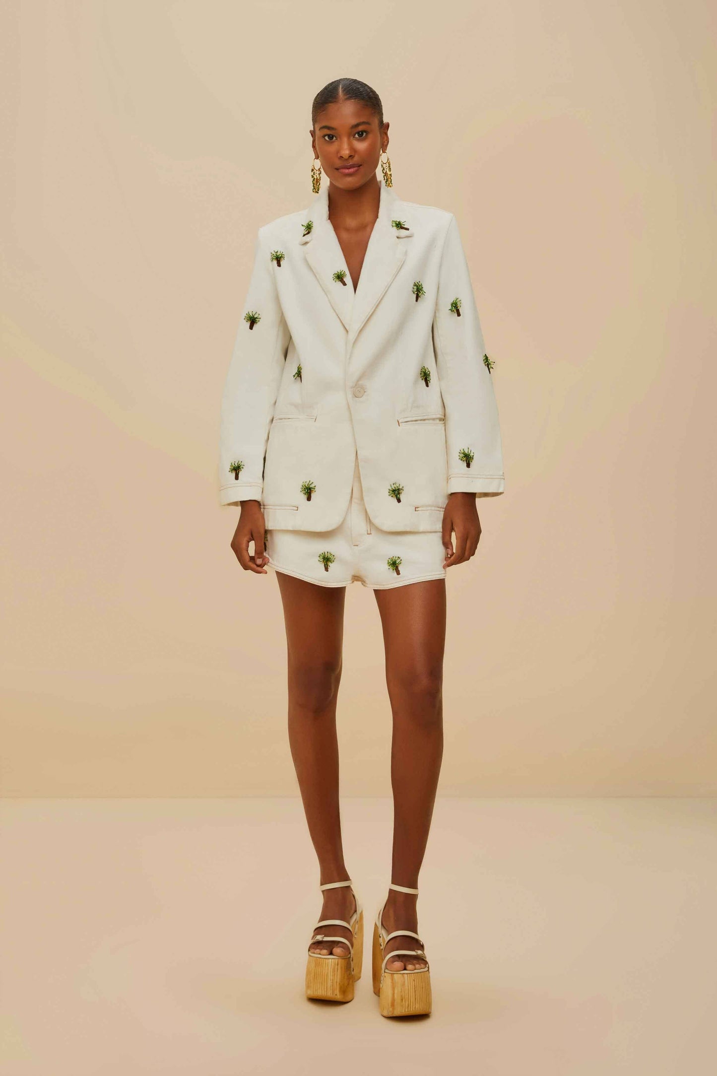 FARM Rio Off-White Embroidered Coconut Tree Shorts