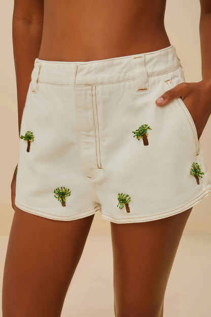 FARM Rio Off-White Embroidered Coconut Tree Shorts