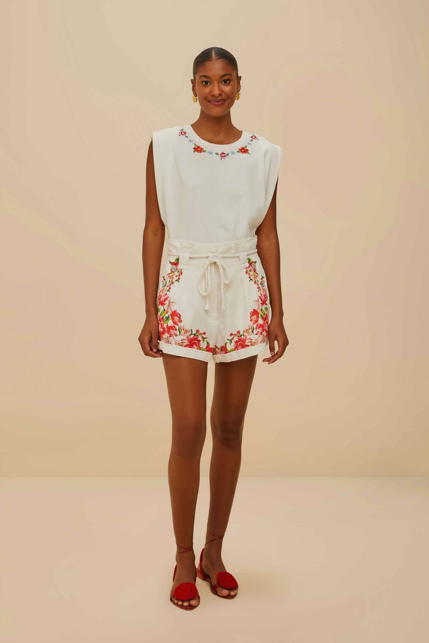 FARM Rio Off-White Flower Tapestry Embroidered Shorts
