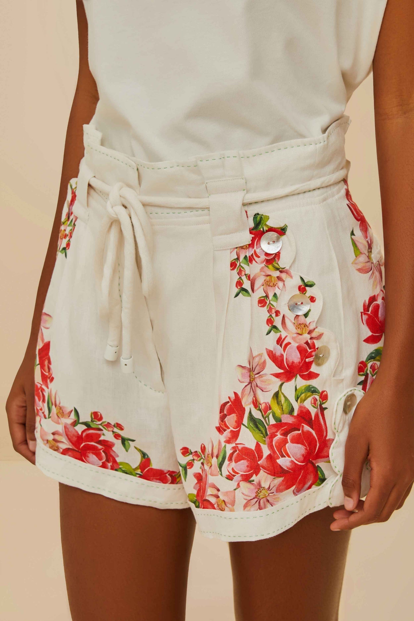 FARM Rio Off-White Flower Tapestry Embroidered Shorts