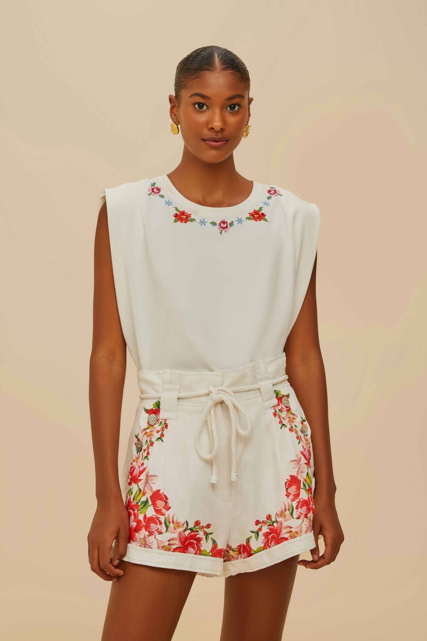 FARM Rio Off-White Flower Tapestry Embroidered Shorts