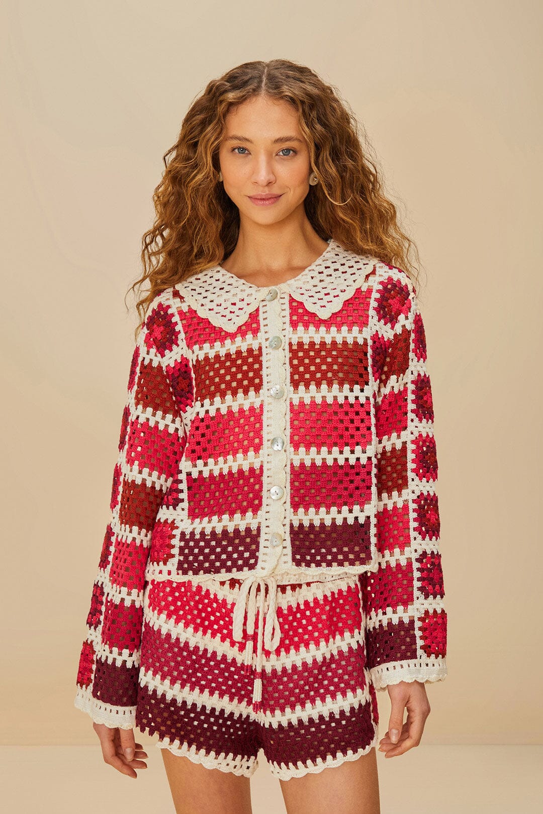 FARM Rio Red Colorful Crochet Tiles Shorts
