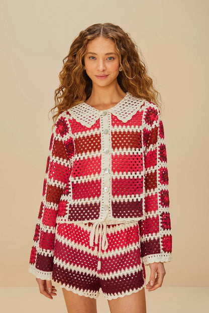 FARM Rio Red Colorful Crochet Tiles Shorts