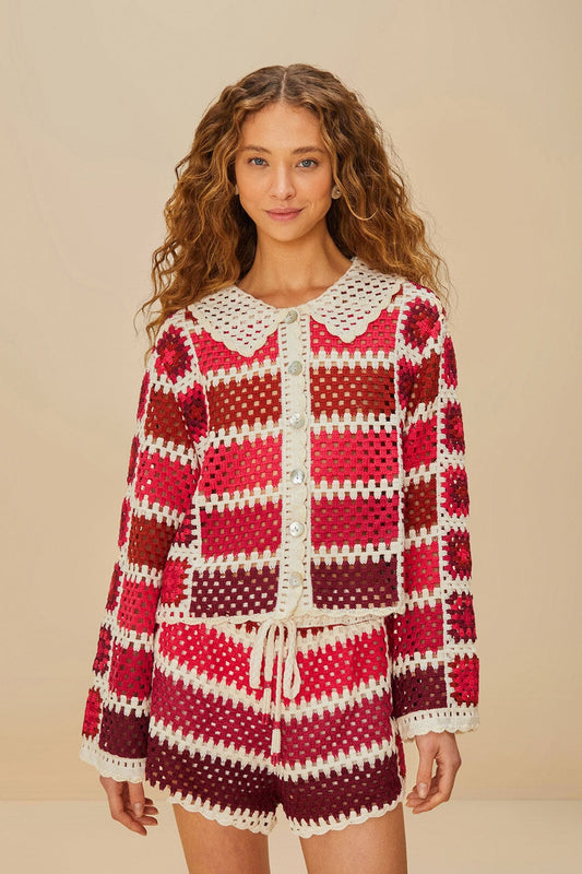 FARM Rio Red Colorful Crochet Tiles Shorts