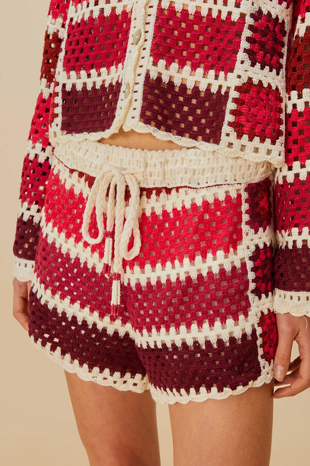 FARM Rio Red Colorful Crochet Tiles Shorts