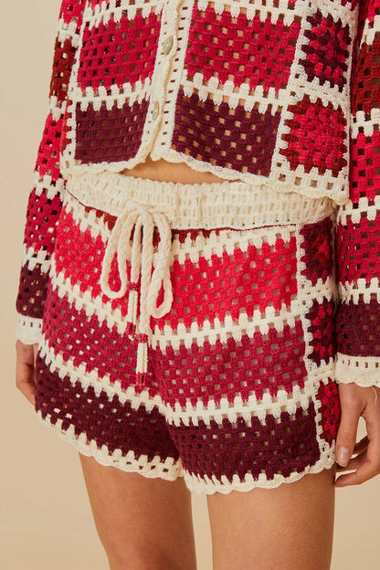 FARM Rio Red Colorful Crochet Tiles Shorts
