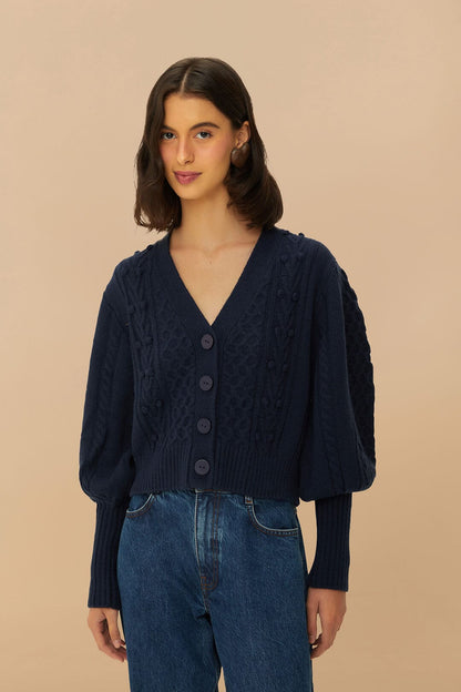 FARM Rio Navy Blue Mixed Stitches Knit Cardigan