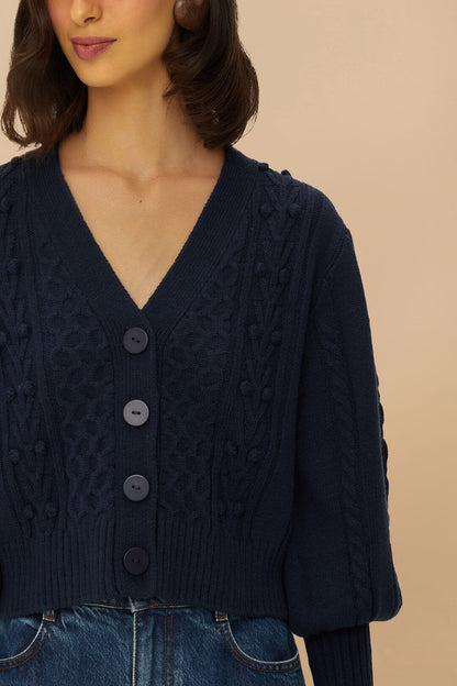 FARM Rio Navy Blue Mixed Stitches Knit Cardigan