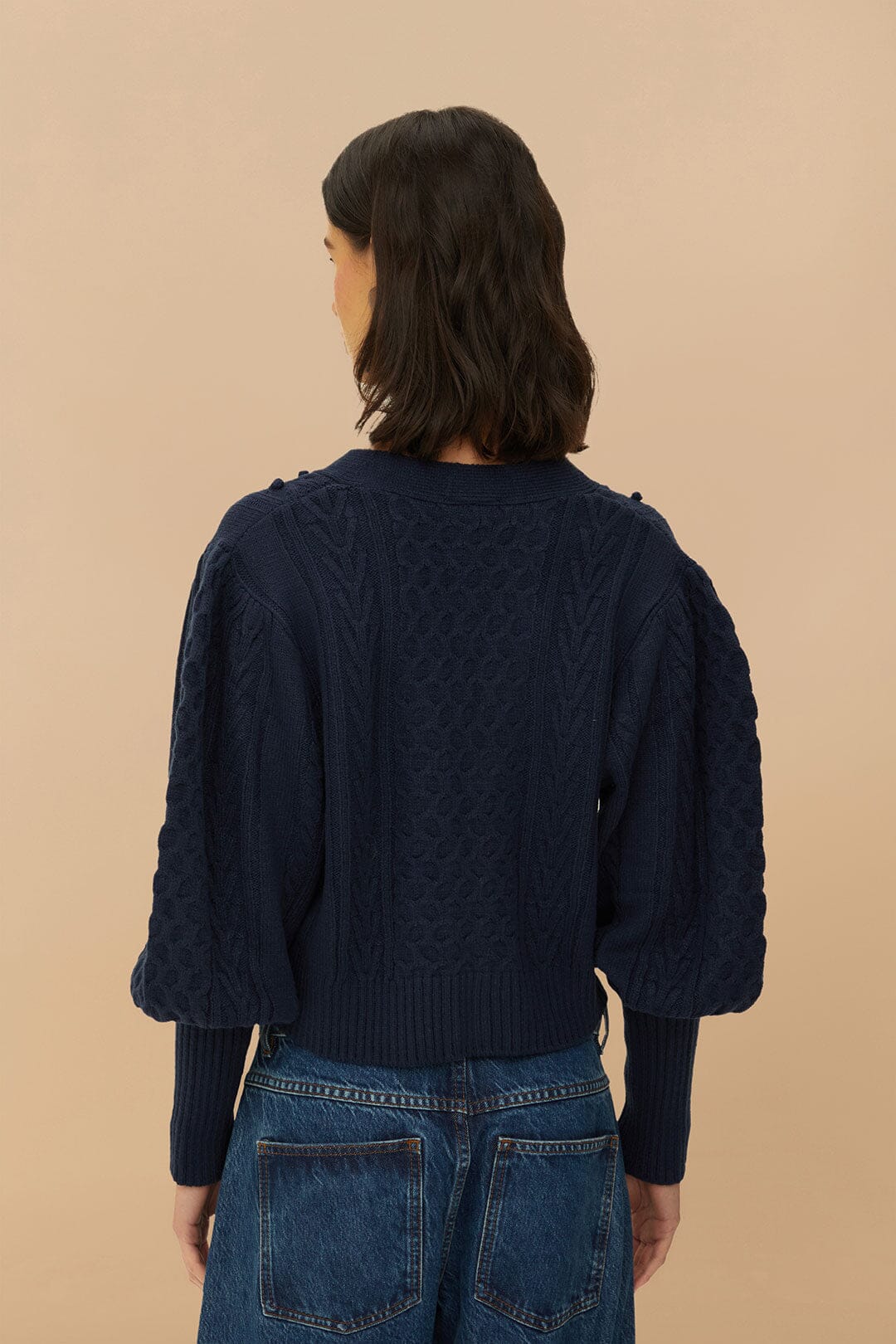 FARM Rio Navy Blue Mixed Stitches Knit Cardigan