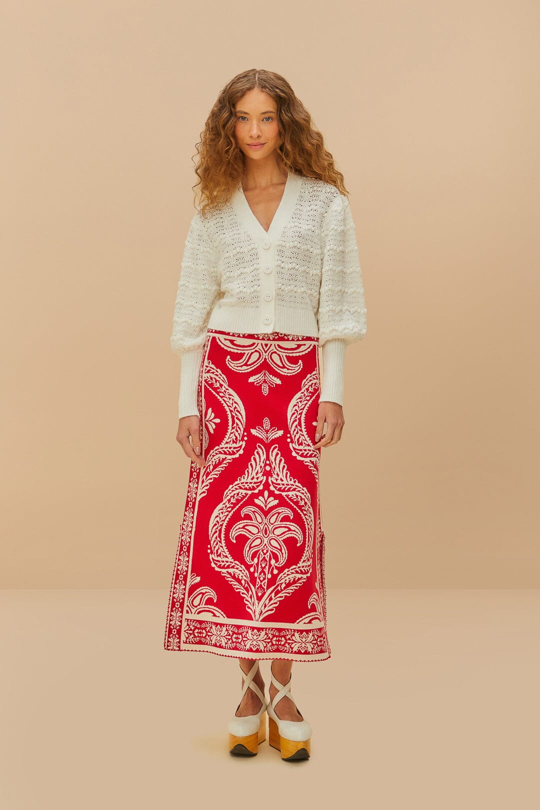 FARM Rio White Lace Stitch Knit Crop Cardigan