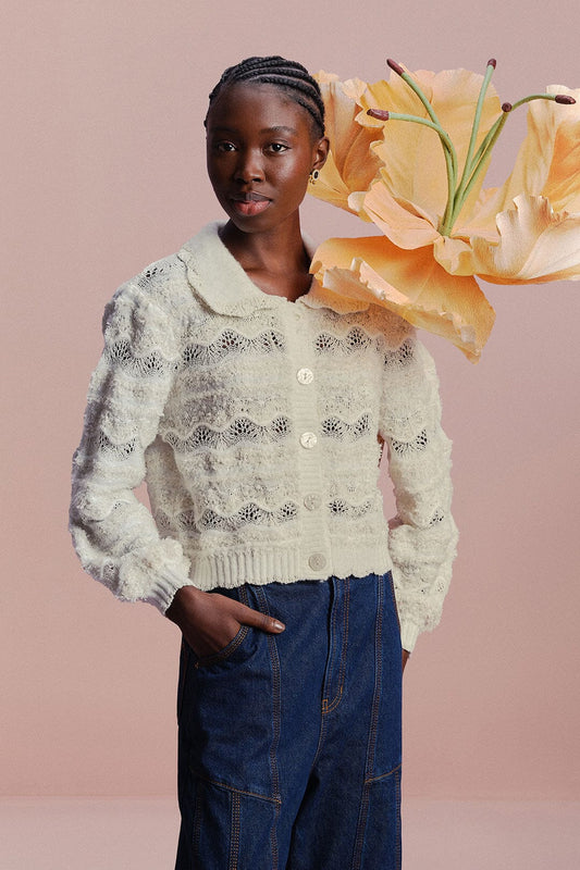 FARM Rio Mixed Stitches Off-White Knit Cardigan