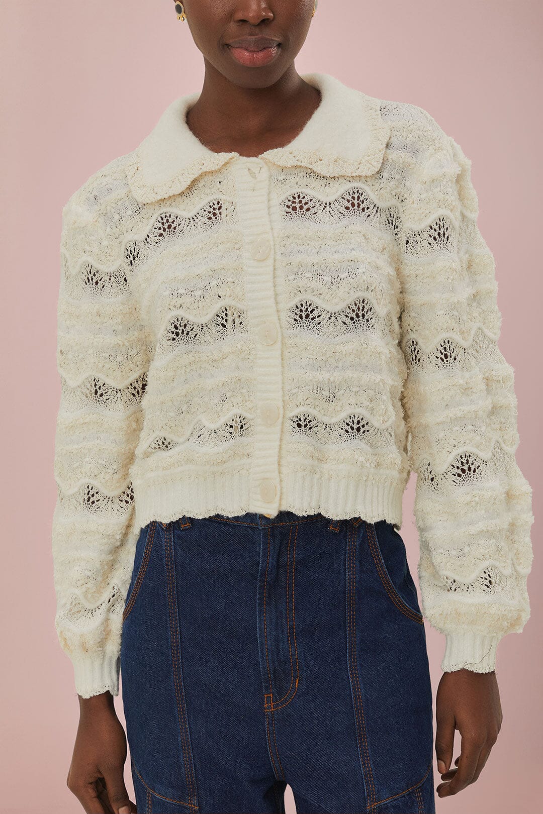 FARM Rio Mixed Stitches Off-White Knit Cardigan